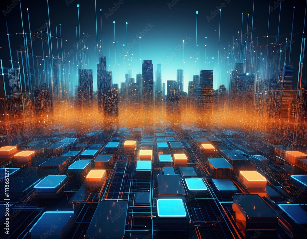Aufkleber a computer generated image of a cityscape with blue and orange squares the squares are connected to 