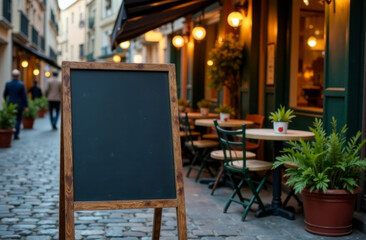 Cozy evening cafe scene on a charming cobblestone street with empty chalkboard sign