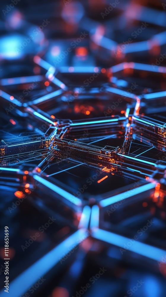 Poster abstract network: a close-up, abstract image of a network of glowing, neon blue and orange lines, cr