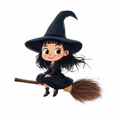 Enchanting Little Girl Witch in Conical Hat Sitting on Broomstick