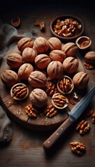  Fresh Walnuts on a Wooden Cutting Board