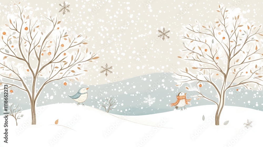 Poster snow-covered trees create a serene winter backdrop for whimsical birds dressed in colorful scarves p