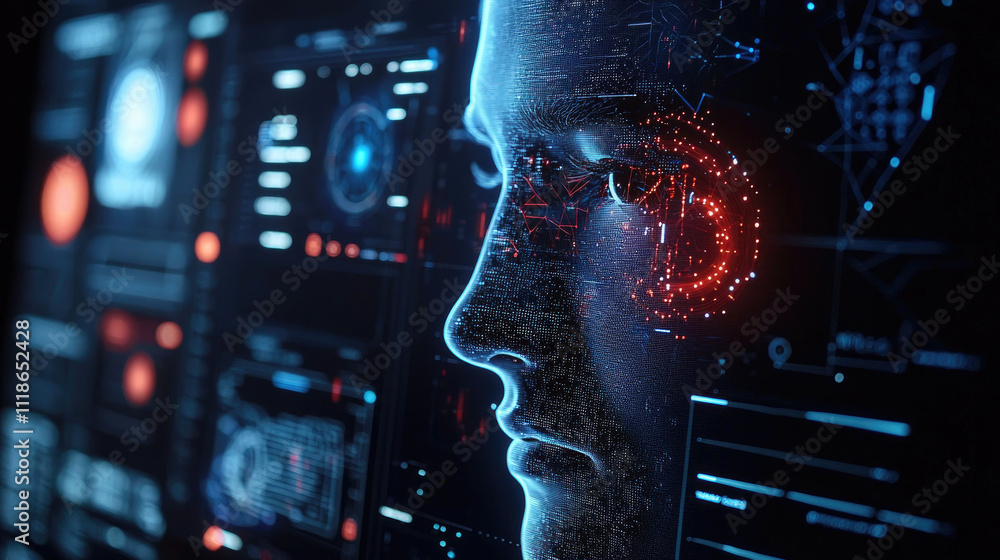 Aufkleber facial recognition technology, human face with data of ai biometric system on computer screen, 3d di