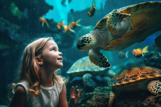 Happy little girl looks at sea turtle in large blue aquarium, child watches underwater life, concept of ocean, kid, people, zoo