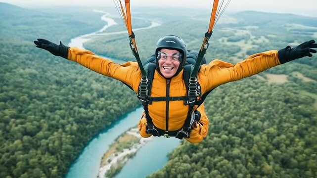 Happy Person Skydiving and Smiling at the Camera