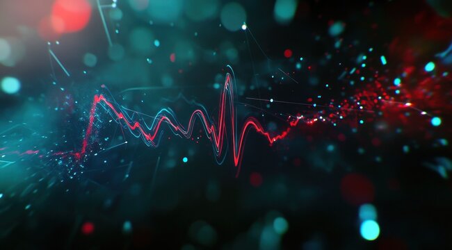 Arri&egrave;re-plan num&eacute;rique abstrait avec des lignes de pouls cardiaques, effet bokeh, fond sombre avec des couleurs rouge et vert, concept de technologie m&eacute;dicale.