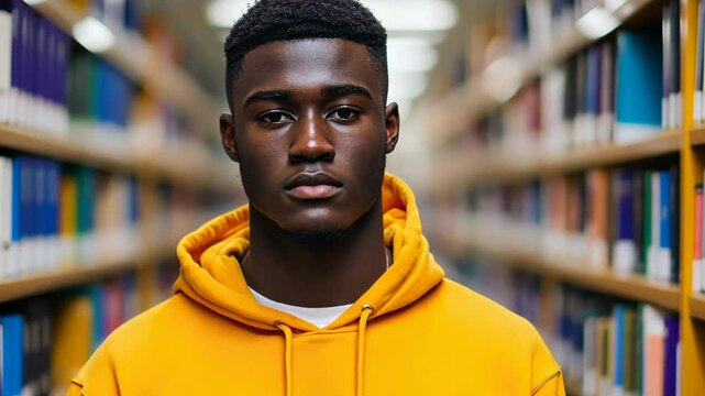 Young student posing in library corridor