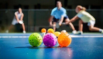colorful balls in focus pickleball players in background