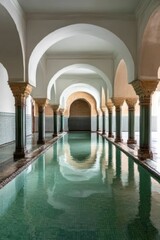 Arched hallway, reflecting pool, tranquil, serene, tiled.