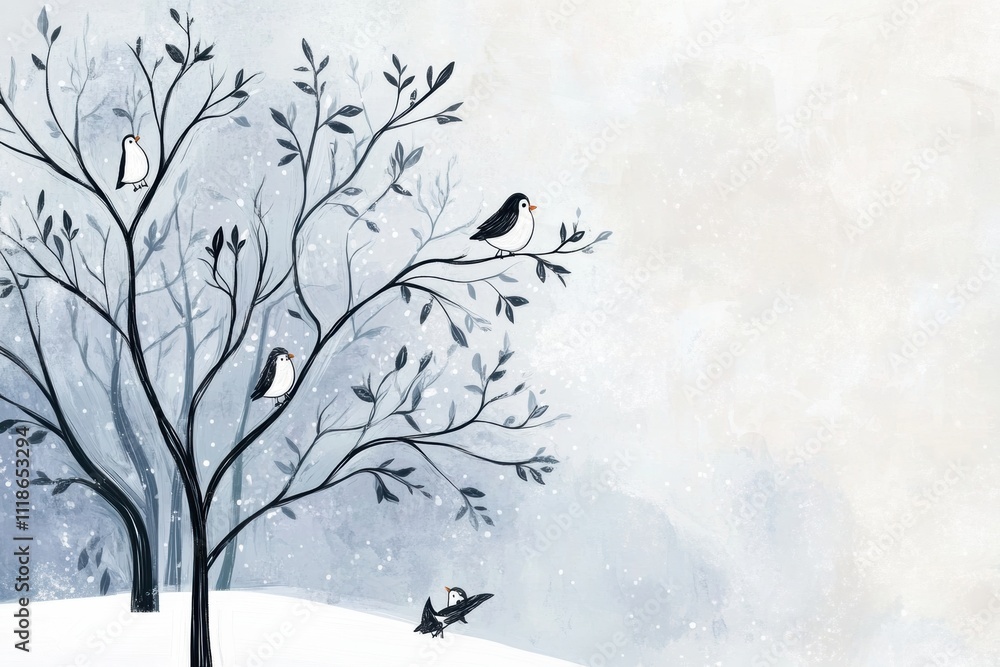 Poster snow-covered trees create a charming backdrop as whimsical birds in scarves enjoy the winter atmosph