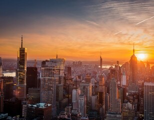 the city skyline is lit up with the sun setting in the background the buildings are tall and the city is bustling with activity