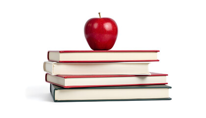 Neat Stack of Textbooks with a Shiny Red Apple Placed on Top, Isolated on White Background