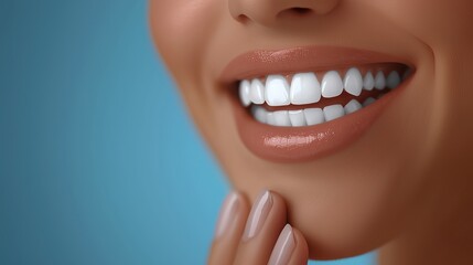 Obraz premium A close-up image of a smiling person with perfect white teeth, highlighting dental health, beauty, and confidence through a polished and aesthetically pleasing expression.