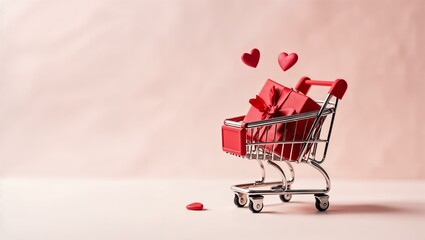 A mini shopping cart holds a beautifully wrapped red gift box with a bow. Two floating hearts add a romantic touch, set against a soft pink background, symbolizing love and celebration.