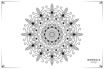 Geometric hand-drawn floral mandala design element in black and white, ornate ethnic oriental style in vector format for coloring books, suitable for mehndi, textiles, posters and tattoos