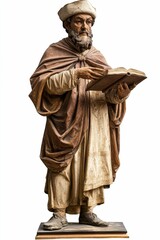Wooden statue; scholar; book; robe; headwear.