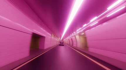 Futuristic tunnel with vibrant pink neon lights and a car driving through.