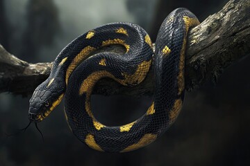 Obraz premium A black and yellow snake coiled on a branch, in a photorealistic style.