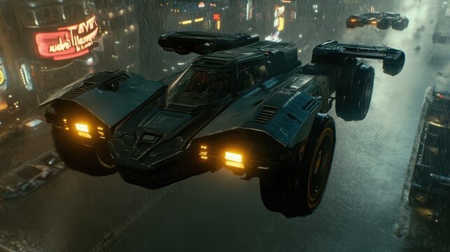 Futuristic vehicle flying over a rain-slicked city.