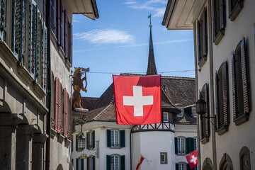 flag of switzerland in the historic city of thun berenese oberland