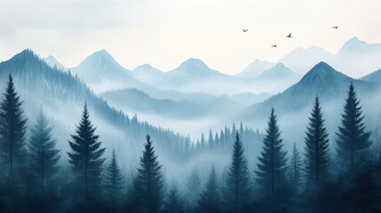 Mist-covered mountains with evergreen forests