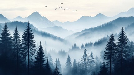 Obraz premium Mist-covered mountains with evergreen trees