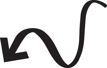 Black arrow pointing down and left with a wavy line, creating a hand drawn effect, perfect for highlighting directions or adding a touch of whimsy to designs