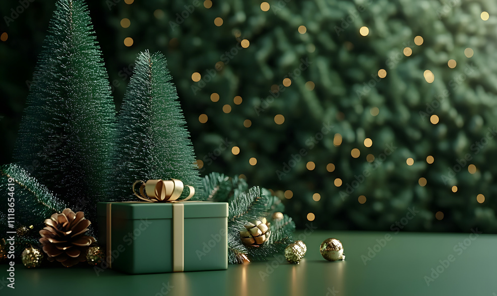 Poster three dimensional render of an abstract christmas background with a christmas tree and a gift box in