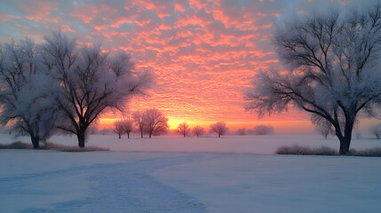 Obraz premium A frosty Christmas morning sunrise, with snowy trees