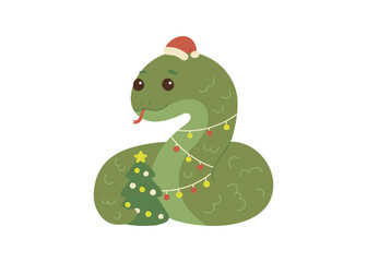 Cute green snake animal kawaii character in winter, symbol 2025 year. Wild reptile with tongue. Cartoon hand drawn style for children. Vector illustration