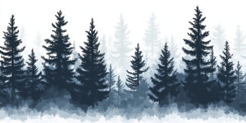Fototapeta premium Misty evergreen forest silhouette in monochrome