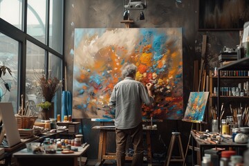 An artist paints a vibrant canvas in a sunny, creative studio filled with supplies.