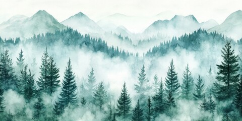 Misty forest landscape in watercolor