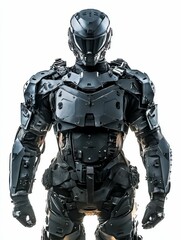 Fototapeta premium Dark armored figure, futuristic suit, helmet.