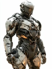Naklejka premium Futuristic armored robot, metallic, gray, white.