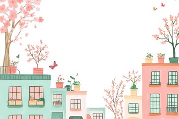 Fototapeta premium Doodle features a vibrant spring city street lined with buildings adorned with flower pots and flowering trees, conveying a sunny atmosphere. Generative AI