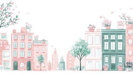 Fototapeta premium A vibrant spring street bursts with blooming trees, quaint buildings, and colorful flower pots, inviting all to enjoy its beauty. Generative AI