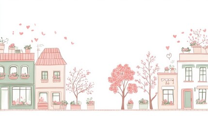 Fototapeta premium A colorful spring city street features charming buildings, flower pots on windows, and trees blooming with flowers, creating a lively atmosphere. Generative AI