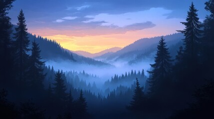 Obraz premium Misty forest valley at sunrise or sunset