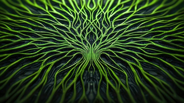 A mesmerizing abstract design showcasing intricate green patterns that resemble the beauty of nature's roots and branches.