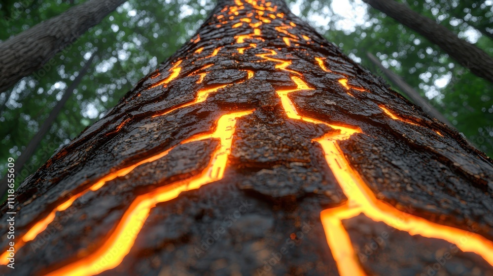 Poster a luminous tree with its bark resembling the etched lines of a computer chip.