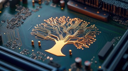 A futuristic motherboard design shaped like a tree, with circuits as branches and leaves.