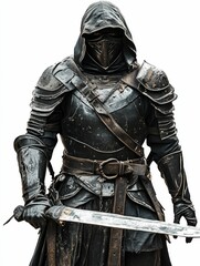 Fototapeta premium Dark armored figure, hooded, wields large sword.