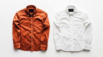 Two long sleeve shirts hang elegantly side by side, showcasing a rich rust hue and a clean white look, perfectly suited for contemporary fashion choices in a minimalist setting
