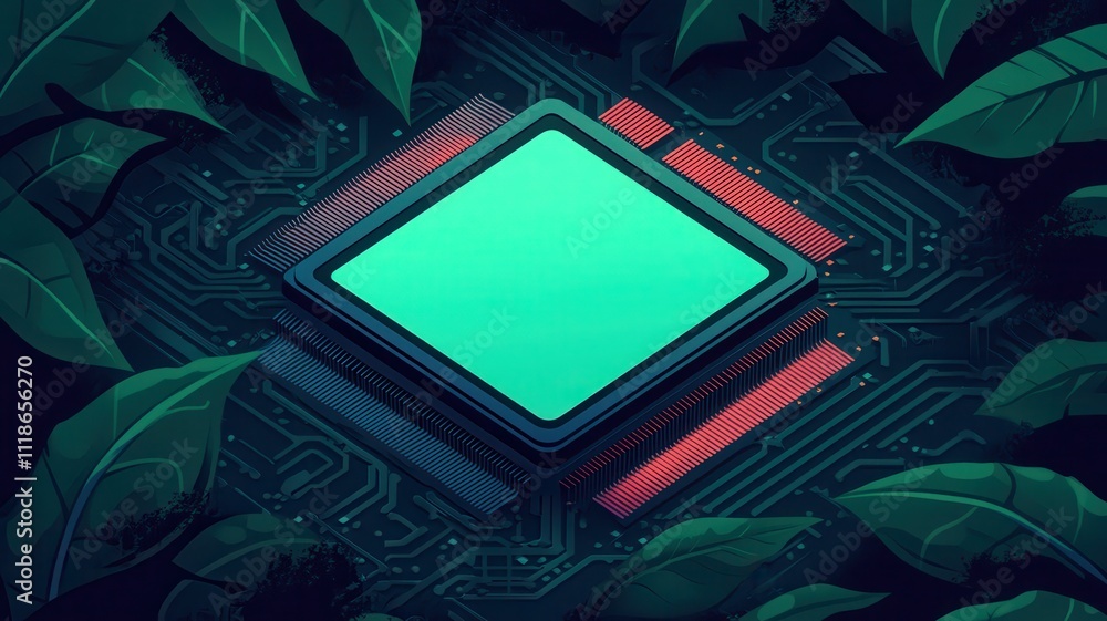 Poster a computer chip seamlessly transitioning into a forest floor with glowing roots.