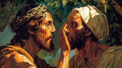 Obraz premium Detailed vector of Jesus comforting Mary and Martha at Lazarus' tomb