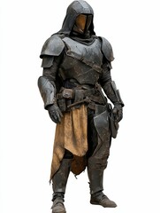 Weathered armored figure, hooded, standing.