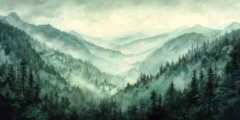 Misty mountain landscape in watercolor