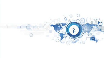 Global network security concept, abstract technology design, world map with digital lock, futuristic interface.