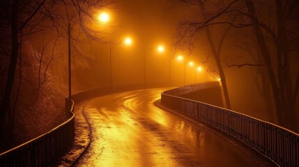 Misty night road with glowing streetlights